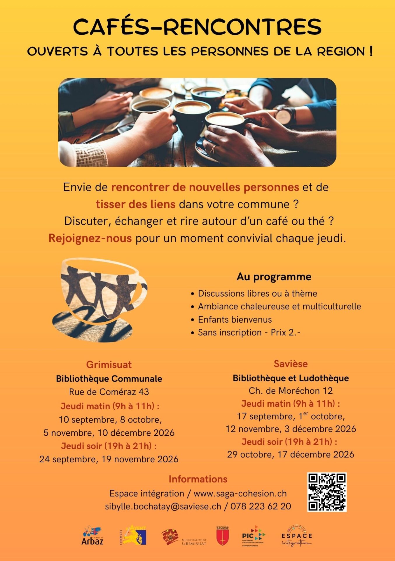 Lire la suite à propos de l’article Reprise des Cafés-rencontres: 10 septembre, 9h-11h, Grimisuat. Bel été!